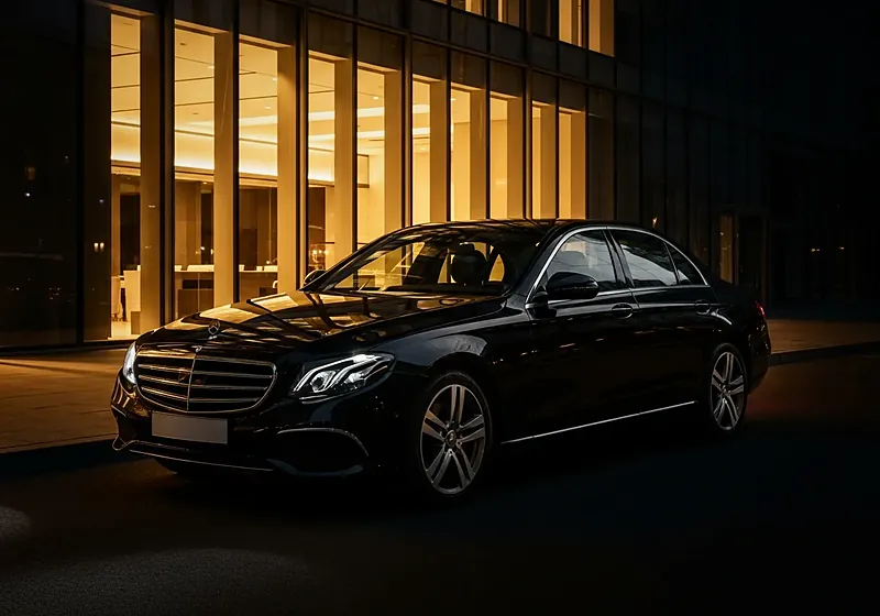 Berline Mercedes noire de MSLK devant un immeuble de verre, de nuit