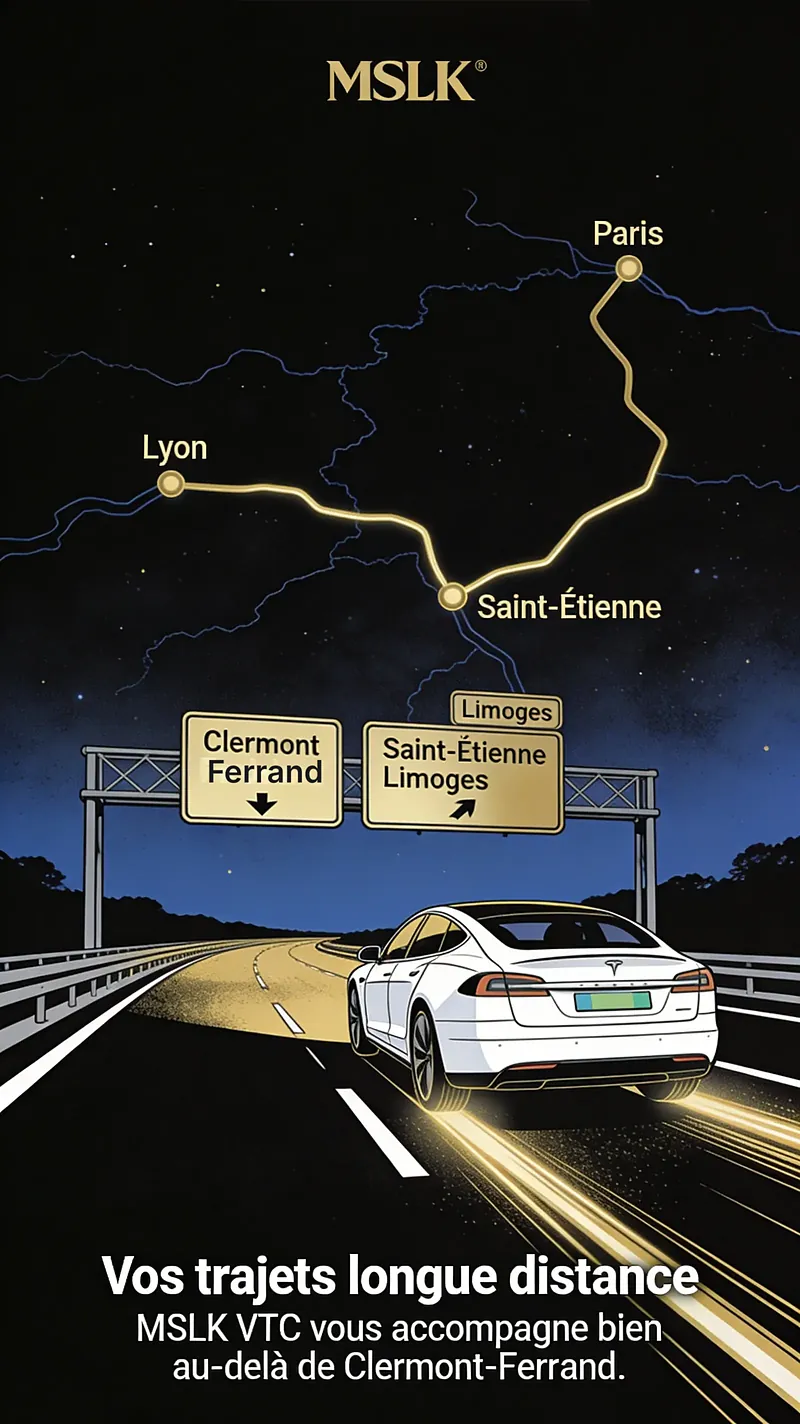 Affiche : vos trajets longue distance, MSLK VTC vous accompagne bien au-delà de Clermont-Ferrand