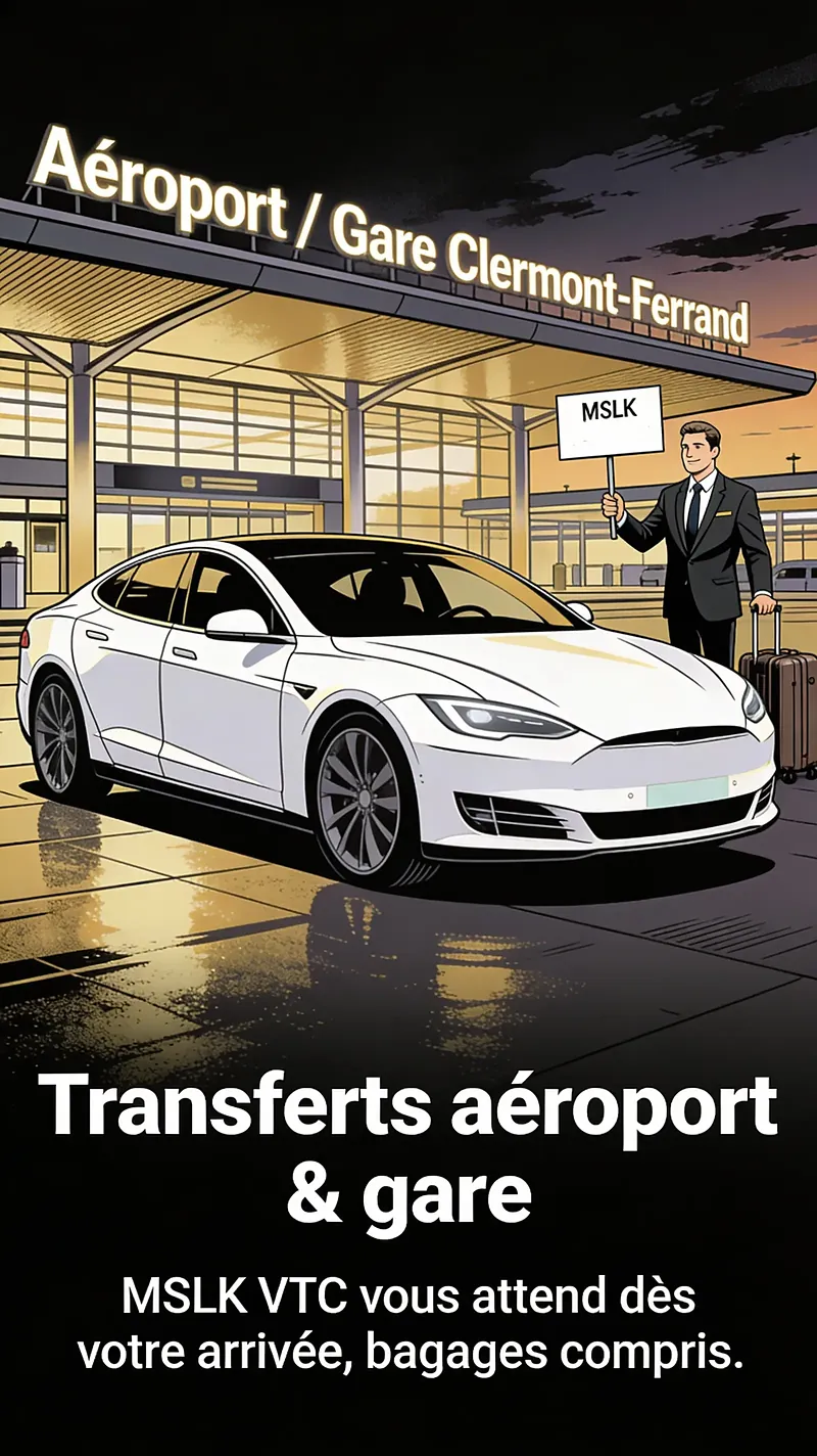 Affiche : transferts aéroport et gare, MSLK VTC vous attend dès votre arrivée, bagages compris