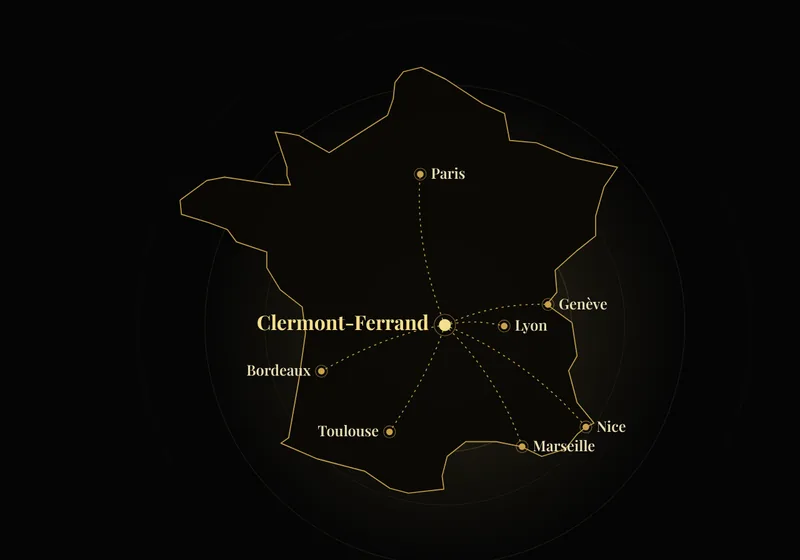 Carte de France : trajets depuis Clermont-Ferrand vers Paris, Lyon, Genève, Nice, Marseille, Toulouse et Bordeaux