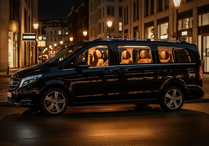 Van Mercedes Classe V noir de MSLK, 7 places, dans une rue de ville de nuit